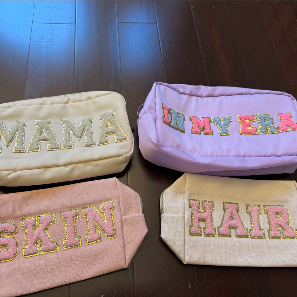 Set of Colorful Cosmetic Bags with Glitter Lettering